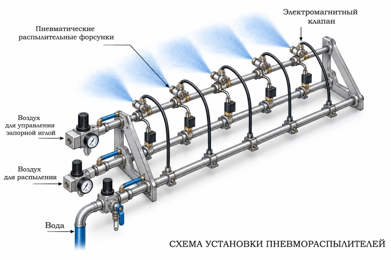 Принципиальная схема установки пневмораспылителей с подачей воды и воздуха и электромагнитными клапанами